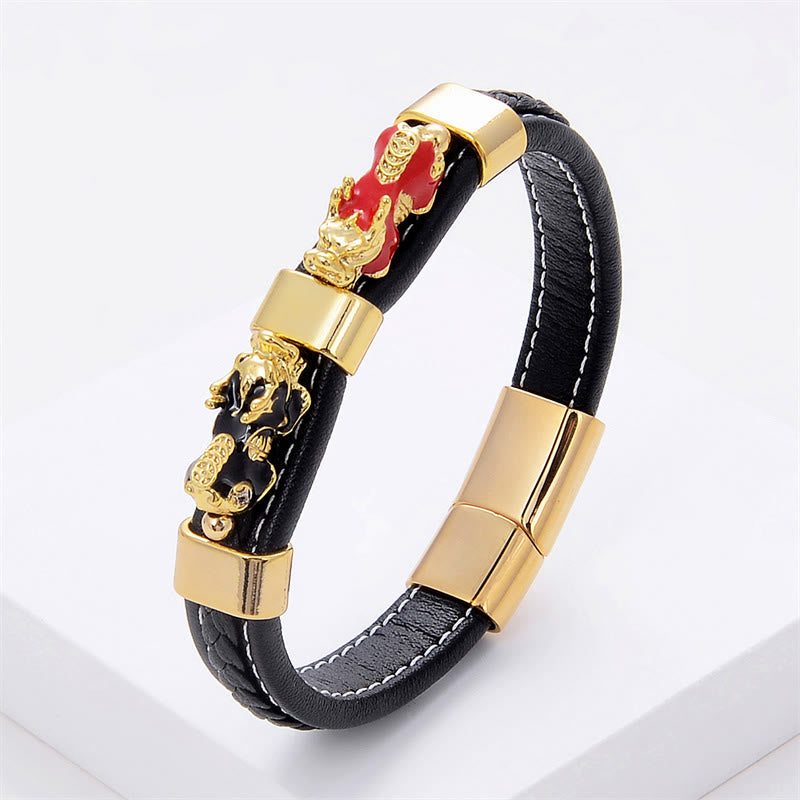Braccialetto con fibbia magnetica in pelle Buddha Stones e doppio PiXiu Wealth Luck - PiXiu rosso nero - 18-22 cm - image 4