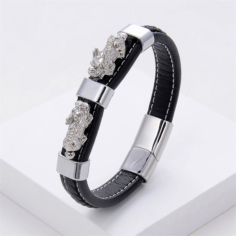 Braccialetto con fibbia magnetica in pelle Buddha Stones e doppio PiXiu Wealth Luck - PiXiu d'argento - 18-22 cm - image 9