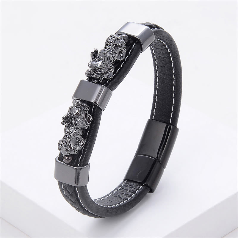 Braccialetto con fibbia magnetica in pelle Buddha Stones e doppio PiXiu Wealth Luck - PiXiu grigio nero - 18-22 cm - image 10