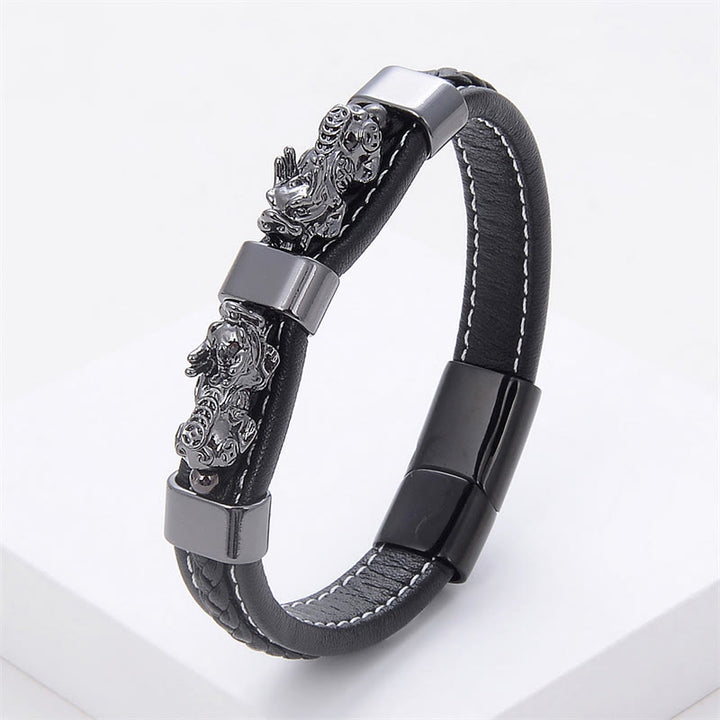 Braccialetto con fibbia magnetica in pelle Buddha Stones e doppio PiXiu Wealth Luck - PiXiu grigio nero - 18-22 cm - image 10