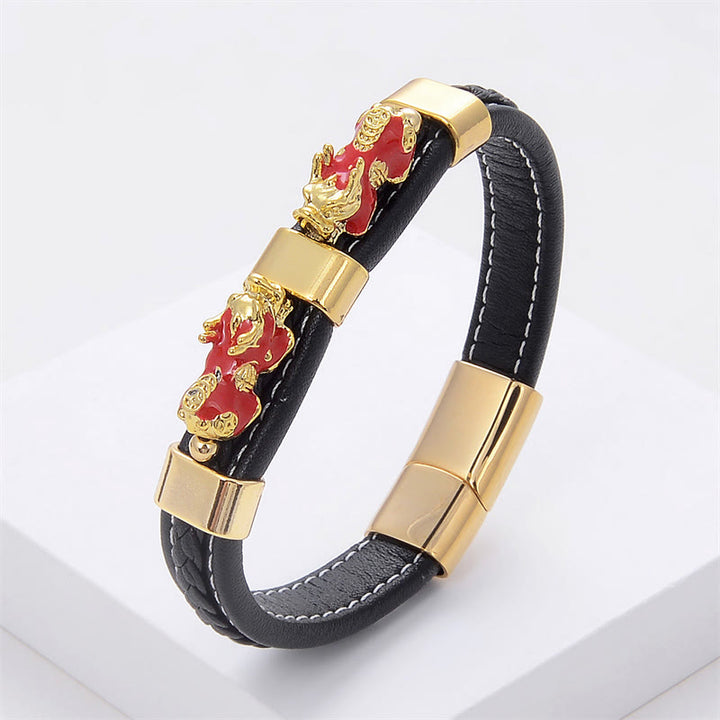 Braccialetto con fibbia magnetica in pelle Buddha Stones e doppio PiXiu Wealth Luck - PiXiu rosso - 18-22 cm - image 8