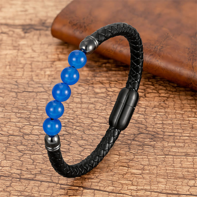Braccialetto di protezione in pelle con perline di lazurite, Buddha Stones nero, agata blu, occhio di tigre, pietra lavica - Agata blu - 18-22 cm - image 2