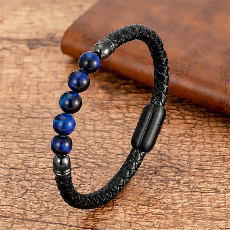 Braccialetto di protezione in pelle con perline di lazurite, Buddha Stones nero, agata blu, occhio di tigre, pietra lavica - Occhio di tigre blu - 18-22 cm - image 5