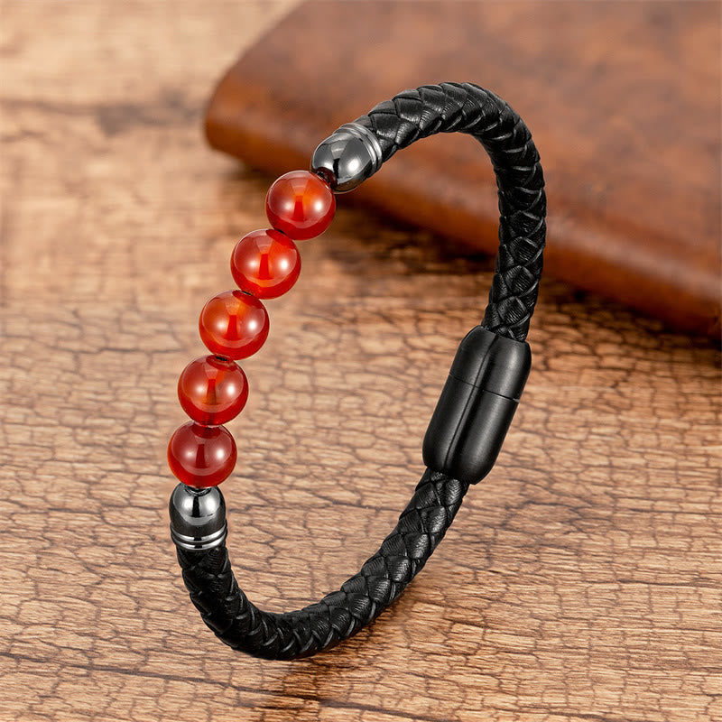 Braccialetto di protezione in pelle con perline di lazurite, Buddha Stones nero, agata blu, occhio di tigre, pietra lavica - Agata rossa - 18-22 cm - image 15