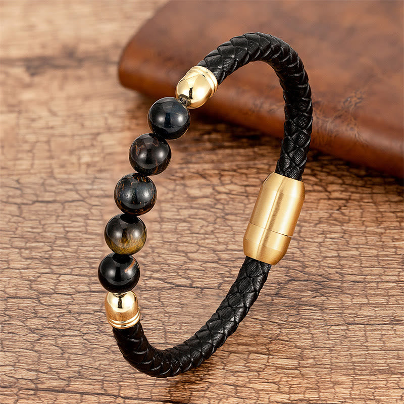 Braccialetto di protezione in pelle con perline di lazurite, Buddha Stones nero, agata blu, occhio di tigre, pietra lavica - Occhio di tigre nero giallo - 18-22 cm - image 19