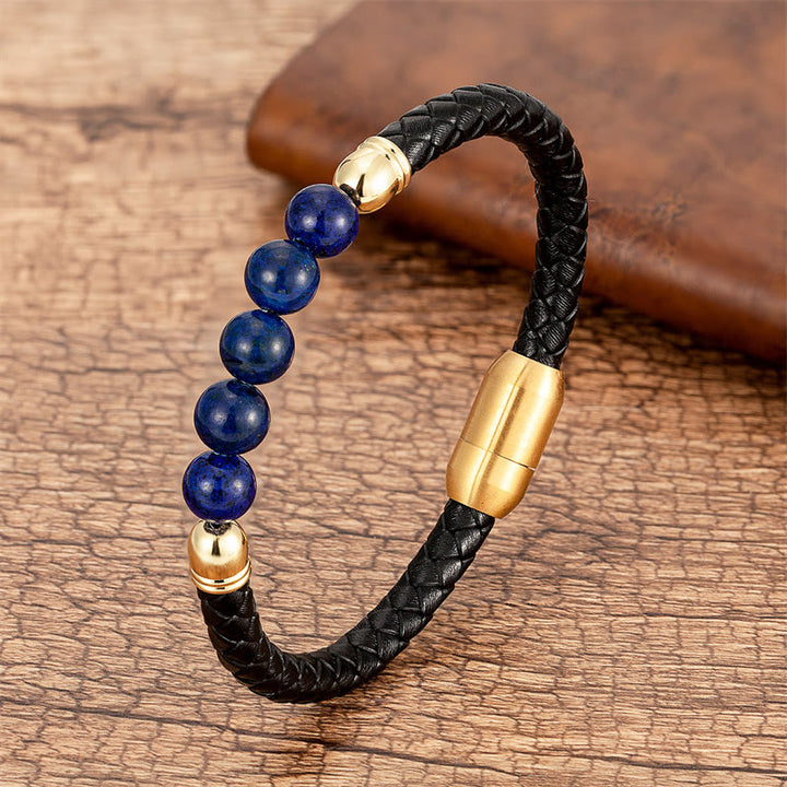 Braccialetto di protezione in pelle con perline di lazurite, Buddha Stones nero, agata blu, occhio di tigre, pietra lavica - Lazurite - 18-22 cm - image 20