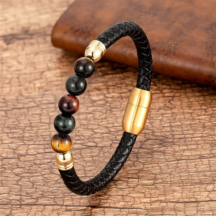 Braccialetto di protezione in pelle con perline di lazurite, Buddha Stones nero, agata blu, occhio di tigre, pietra lavica - Occhio di tigre rosso nero - 18-22 cm - image 22