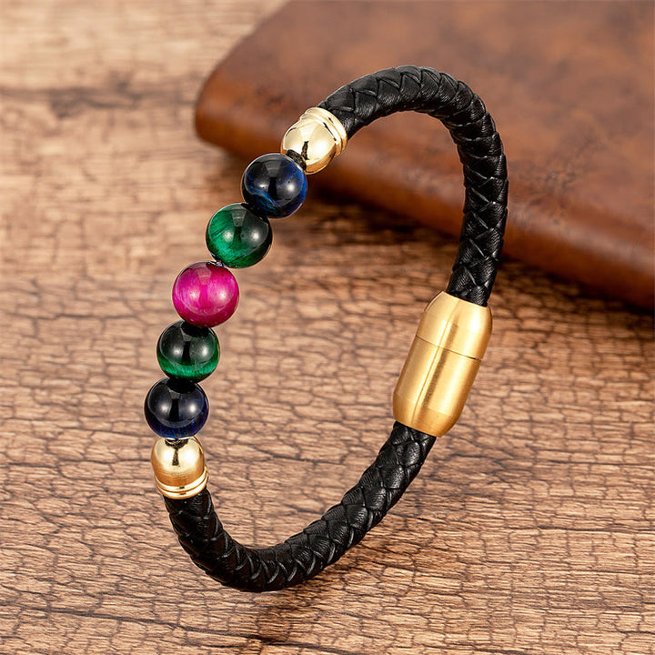 Braccialetto di protezione in pelle con perline di lazurite, Buddha Stones nero, agata blu, occhio di tigre, pietra lavica - Rosa Rosso Verde Blu Occhio di tigre - 18-22 cm - image 23