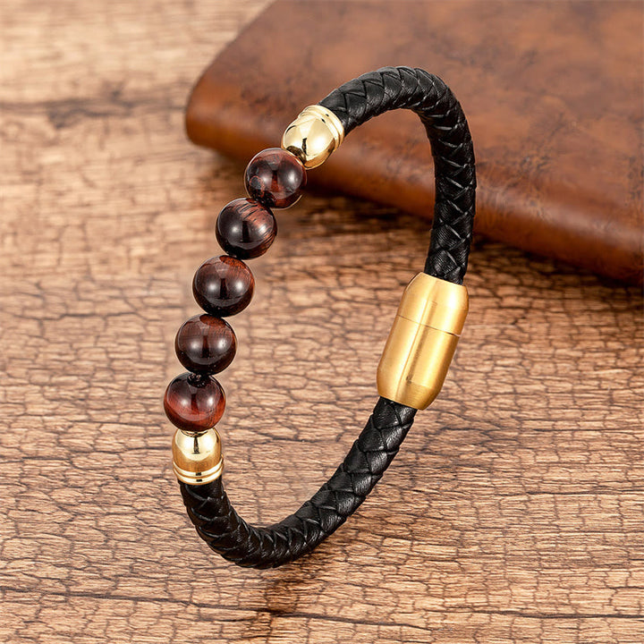 Braccialetto di protezione in pelle con perline di lazurite, Buddha Stones nero, agata blu, occhio di tigre, pietra lavica - Occhio di tigre marrone rosso - 18-22 cm - image 24