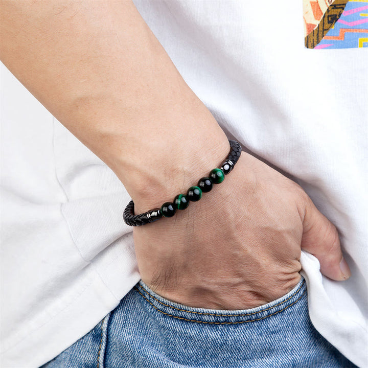 Braccialetto di protezione in pelle con perline di lazurite, Buddha Stones nero, agata blu, occhio di tigre, pietra lavica - image 11