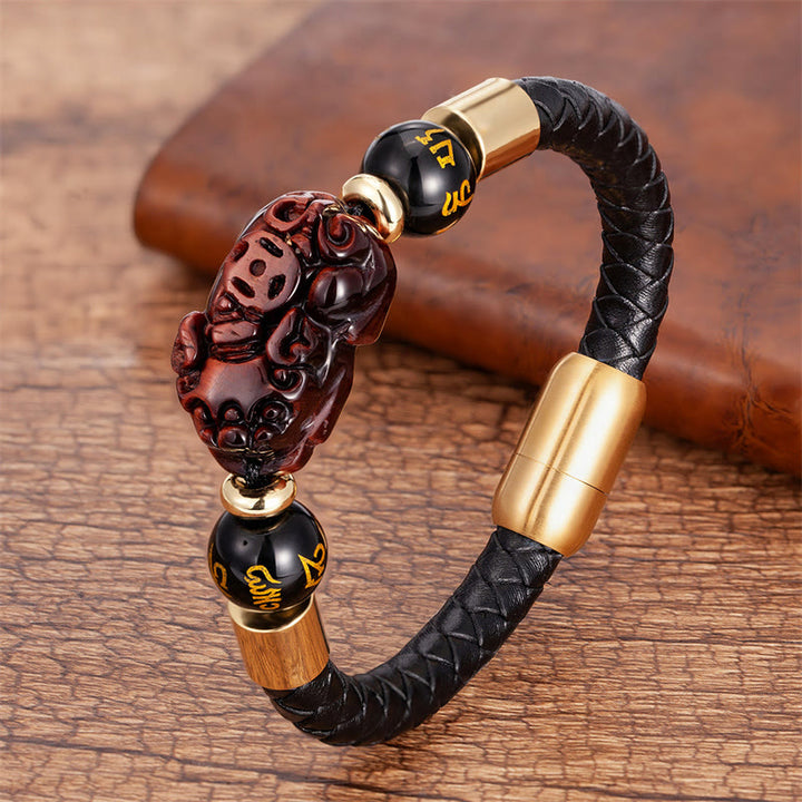 Buddha Stones Occhio di tigre Onice nero Agata rossa Moneta di rame PiXiu Om Mani Padme Hum Forza Braccialetto in pelle - Occhio di tigre rosso - 18-22 cm - image 12