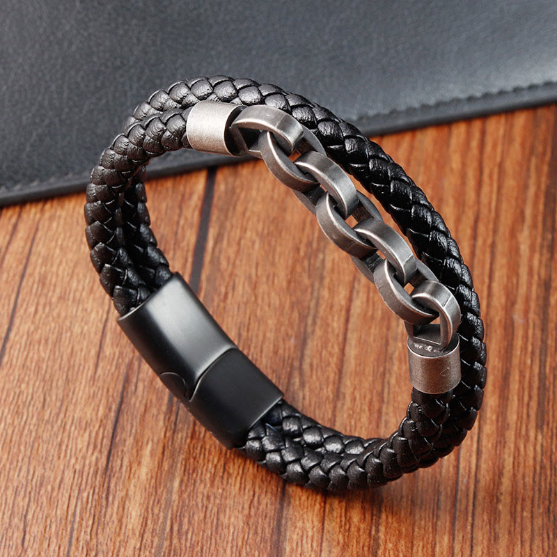 Bracciale con fibbia intrecciata in pelle e acciaio al titanio con design a catena Buddha Stones - Doppio strato (circonferenza del polso 17-19 cm) - image 0