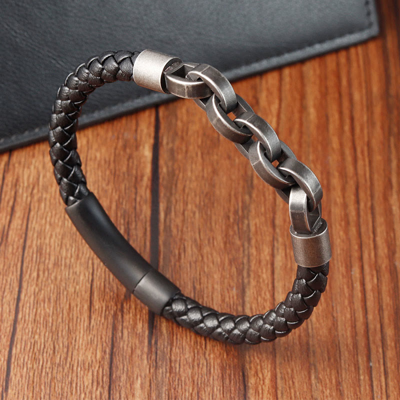 Bracciale con fibbia intrecciata in pelle e acciaio al titanio con design a catena Buddha Stones