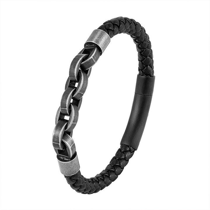 Bracciale con fibbia intrecciata in pelle e acciaio al titanio con design a catena Buddha Stones