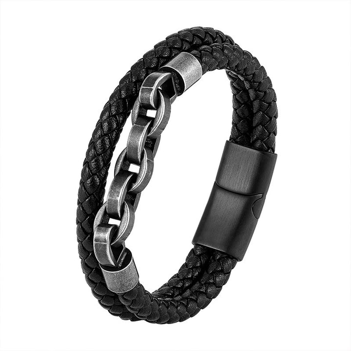 Bracciale con fibbia intrecciata in pelle e acciaio al titanio con design a catena Buddha Stones