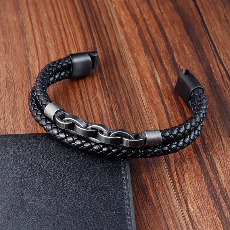 Bracciale con fibbia intrecciata in pelle e acciaio al titanio con design a catena Buddha Stones