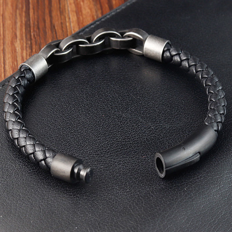 Bracciale con fibbia intrecciata in pelle e acciaio al titanio con design a catena Buddha Stones