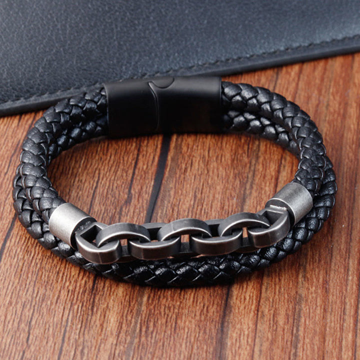 Bracciale con fibbia intrecciata in pelle e acciaio al titanio con design a catena Buddha Stones