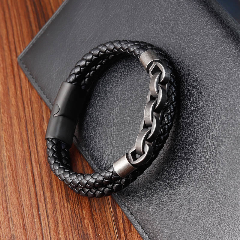 Bracciale con fibbia intrecciata in pelle e acciaio al titanio con design a catena Buddha Stones