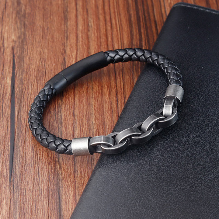 Bracciale con fibbia intrecciata in pelle e acciaio al titanio con design a catena Buddha Stones