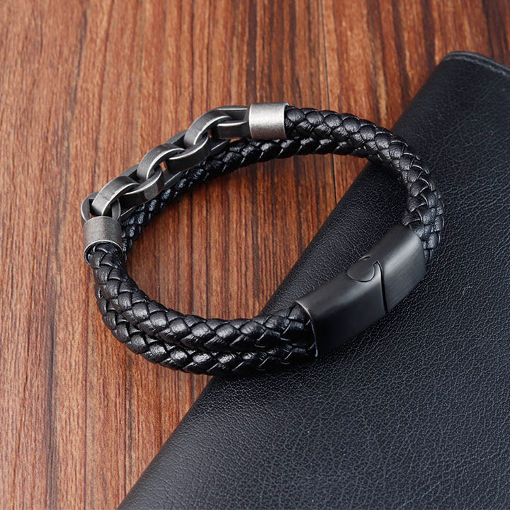 Bracciale con fibbia intrecciata in pelle e acciaio al titanio con design a catena Buddha Stones
