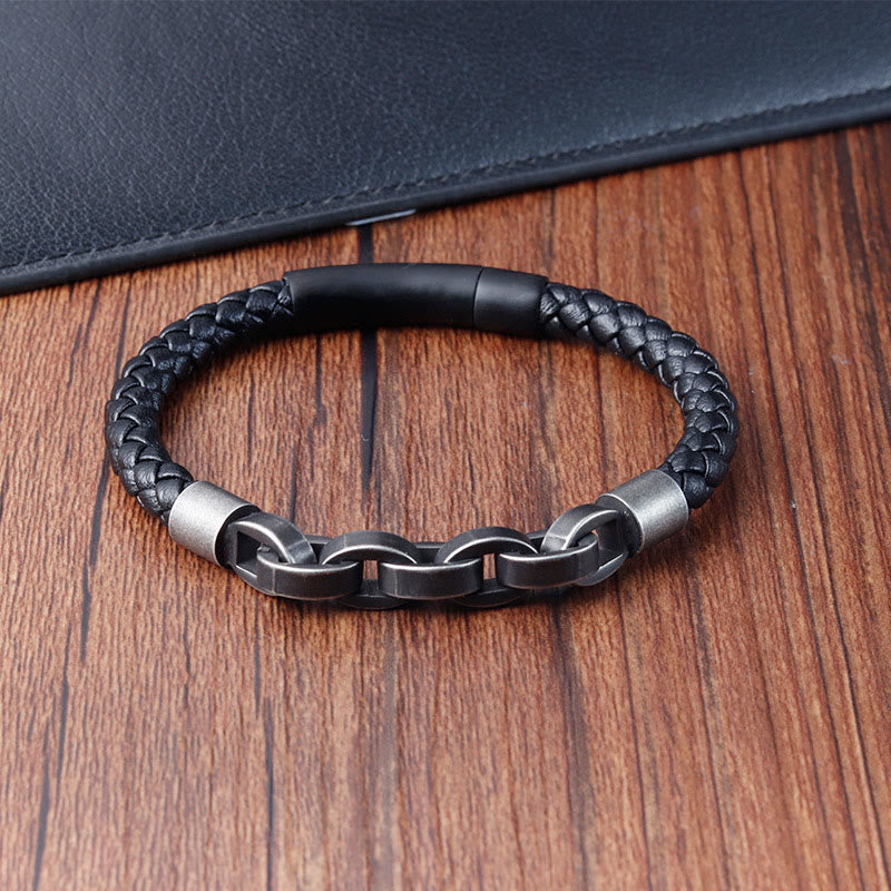 Bracciale con fibbia intrecciata in pelle e acciaio al titanio con design a catena Buddha Stones
