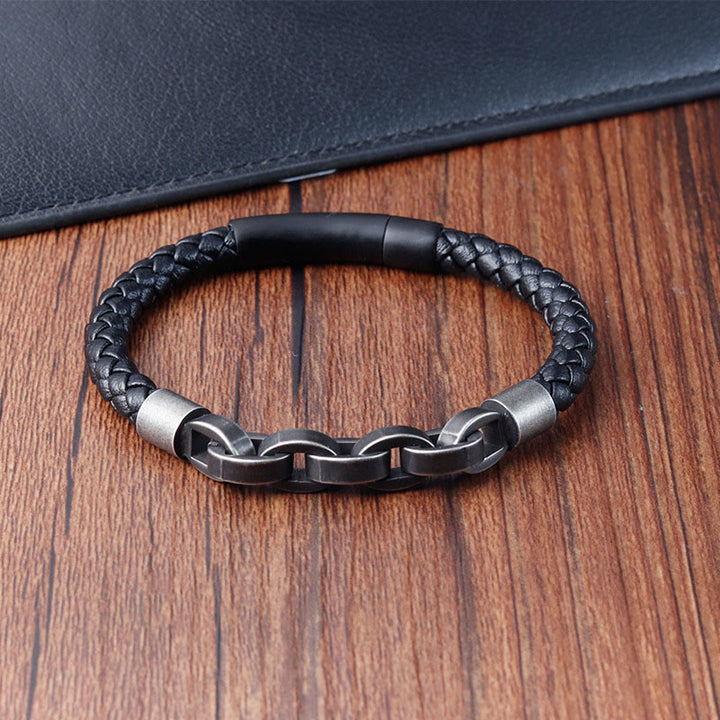 Bracciale con fibbia intrecciata in pelle e acciaio al titanio con design a catena Buddha Stones