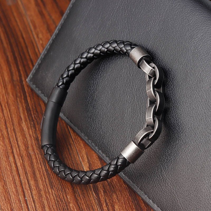 Bracciale con fibbia intrecciata in pelle e acciaio al titanio con design a catena Buddha Stones
