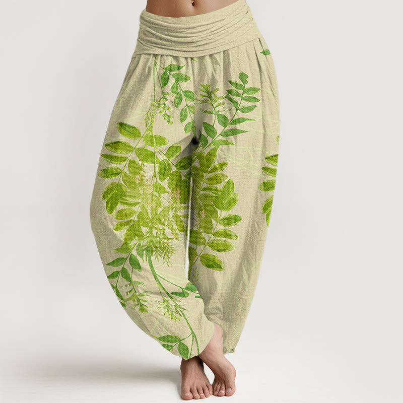 Pantaloni harem da donna con elastico in vita, in cotone, con foglie verdi e rami, motivo Buddha Stones - PaleGoldenrod - US22, UK/AU26, EU54 (6XL) - image 0
