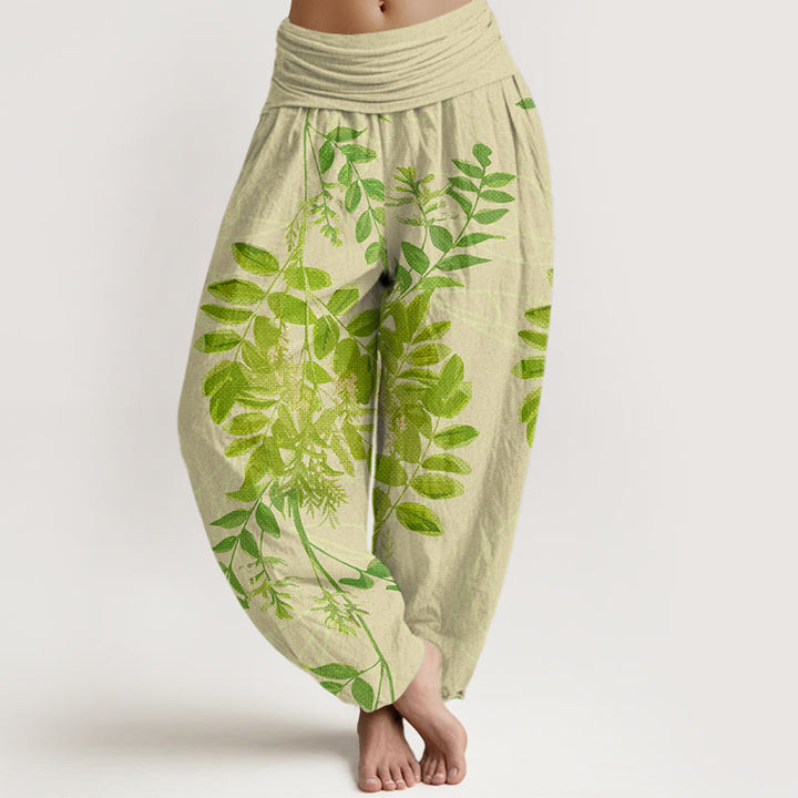 Pantaloni harem da donna con elastico in vita, in cotone, con foglie verdi e rami, motivo Buddha Stones - PaleGoldenrod - US22, UK/AU26, EU54 (6XL) - image 0