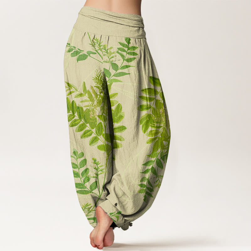 Pantaloni harem da donna con elastico in vita, in cotone, con foglie verdi e rami, motivo Buddha Stones - image 1