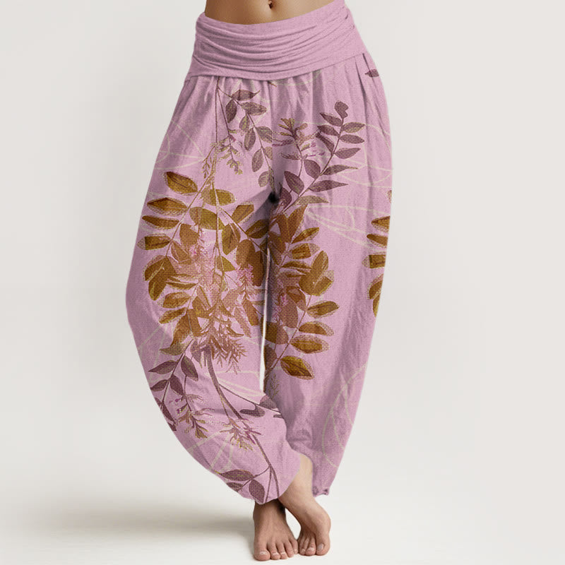 Pantaloni harem da donna con elastico in vita, in cotone, con foglie verdi e rami, motivo Buddha Stones - Rosa - US22, UK/AU26, EU54 (6XL) - image 4