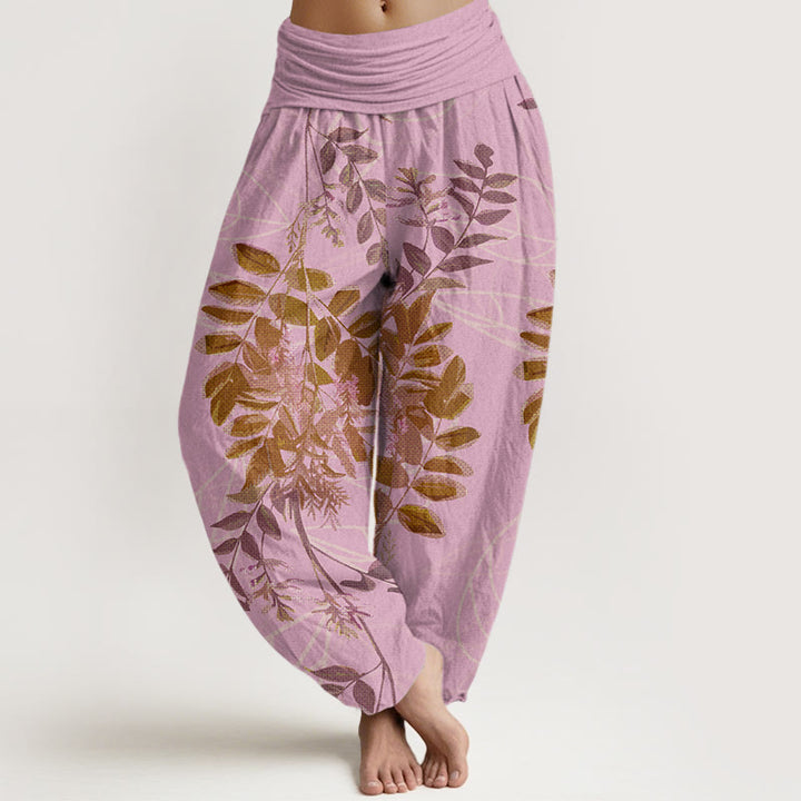Pantaloni harem da donna con elastico in vita, in cotone, con foglie verdi e rami, motivo Buddha Stones - Rosa - US22, UK/AU26, EU54 (6XL) - image 4