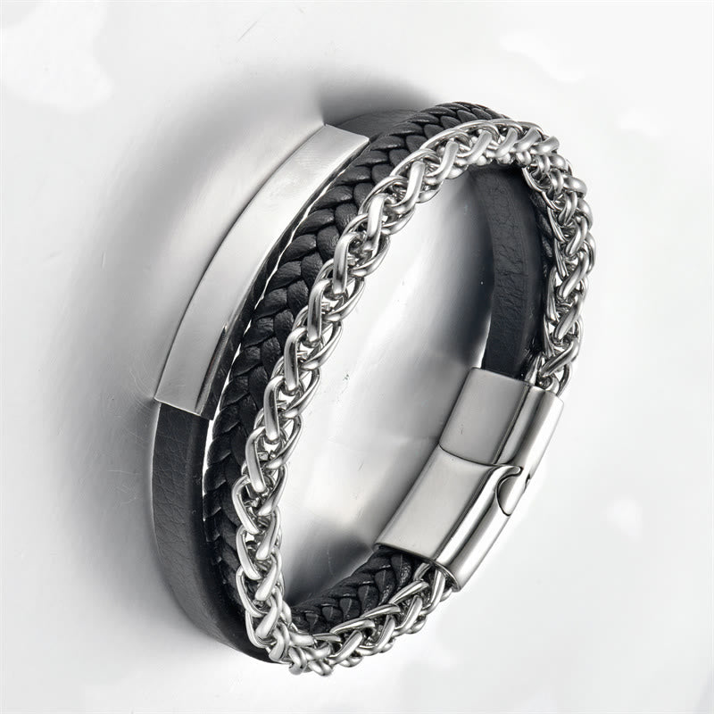 Bracciale Buddha Stones con fibbia in pelle calma in acciaio al titanio multistrato