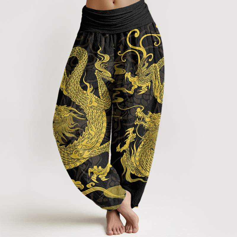 Pantaloni harem da donna con elastico in vita, Buddha Stones Cotton Dragon e nuvole di buon auspicio - Nero - US22, UK/AU26, EU54 (6XL) - image 0