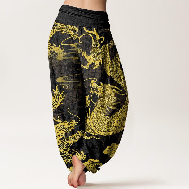 Pantaloni harem elastici in vita da donna Buddha Stones, drago e nuvole di buon auspicio - image 2