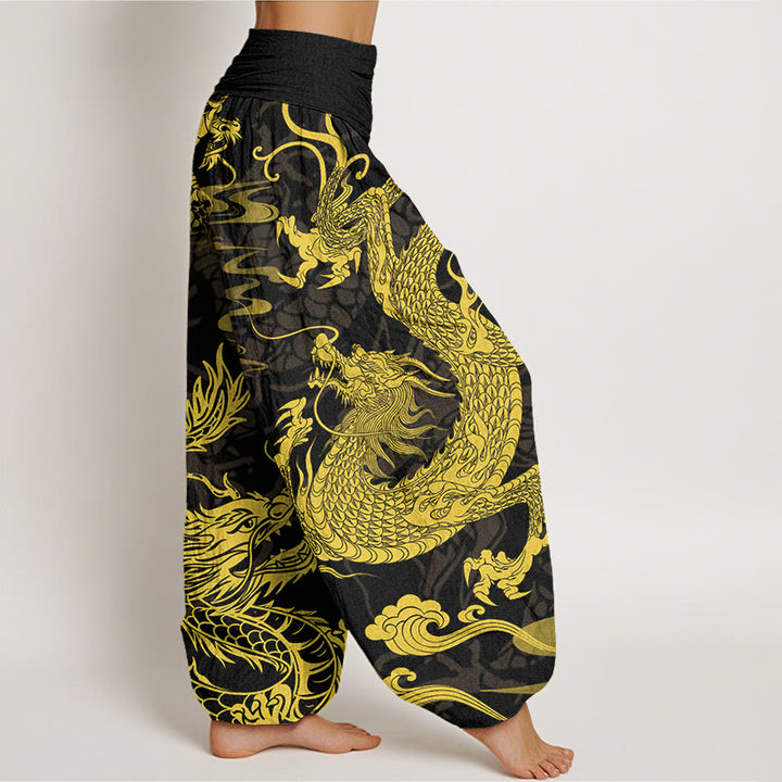 Pantaloni harem elastici in vita da donna Buddha Stones, drago e nuvole di buon auspicio - image 3