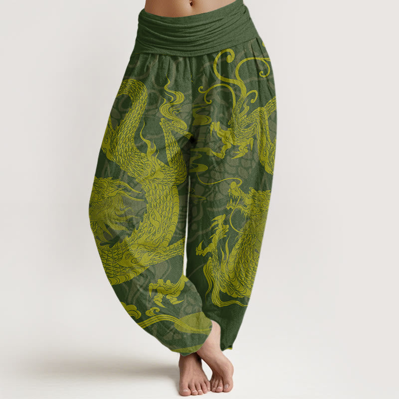 Pantaloni harem da donna con elastico in vita, Buddha Stones Cotton Dragon e nuvole di buon auspicio - Verde oliva scuro - US22, UK/AU26, EU54 (6XL) - image 4