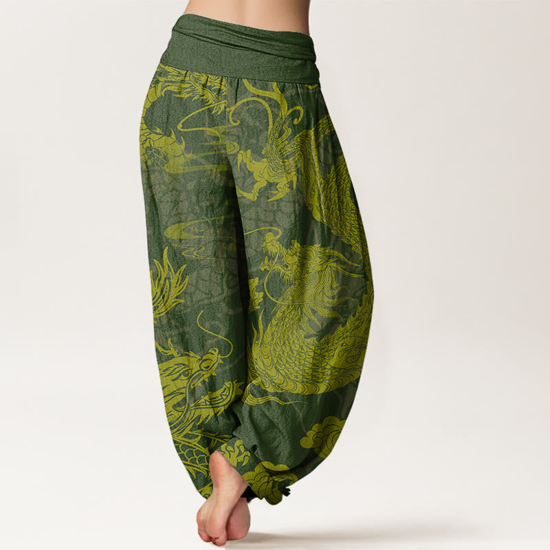 Pantaloni harem elastici in vita da donna Buddha Stones, drago e nuvole di buon auspicio - image 6