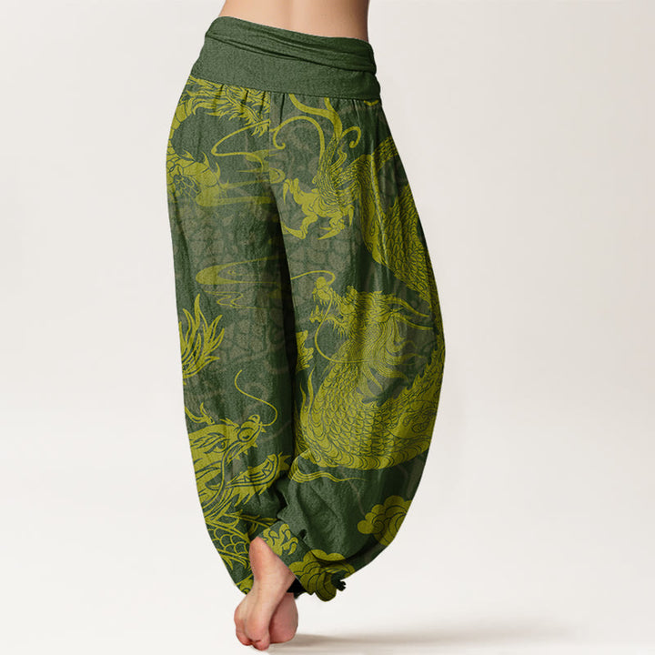 Pantaloni harem elastici in vita da donna Buddha Stones, drago e nuvole di buon auspicio - image 6