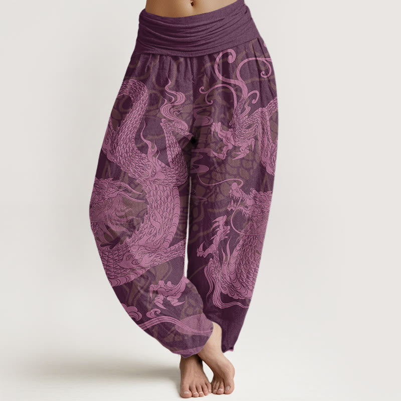 Pantaloni harem elastici in vita da donna Buddha Stones, drago e nuvole di buon auspicio - Viola - US22, UK/AU26, EU54 (6XL) - image 8