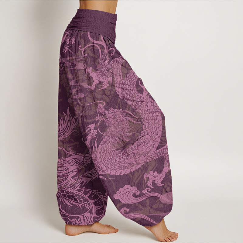 Pantaloni harem elastici in vita da donna Buddha Stones, drago e nuvole di buon auspicio - image 10