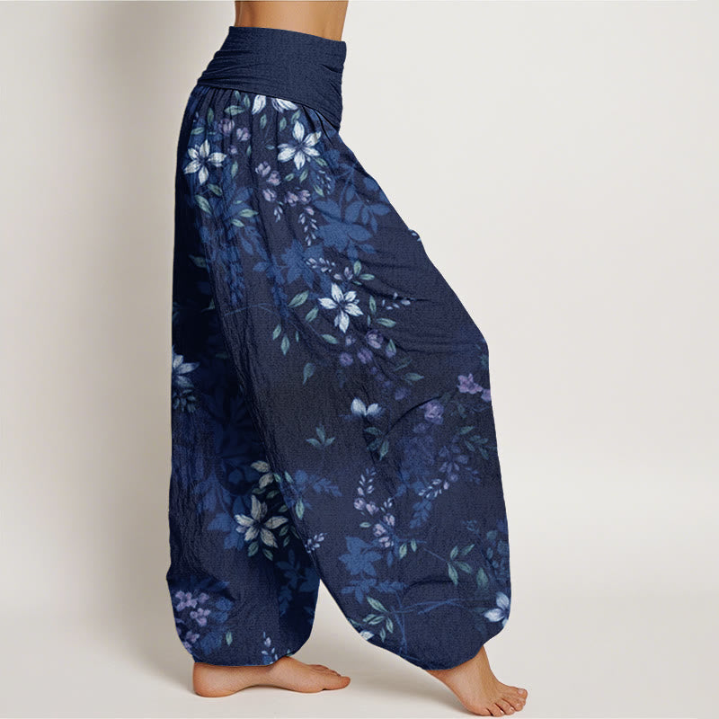 Pantaloni harem elastici in vita da donna Buddha Stones, piccoli fiori bianchi e foglie verdi - image 7