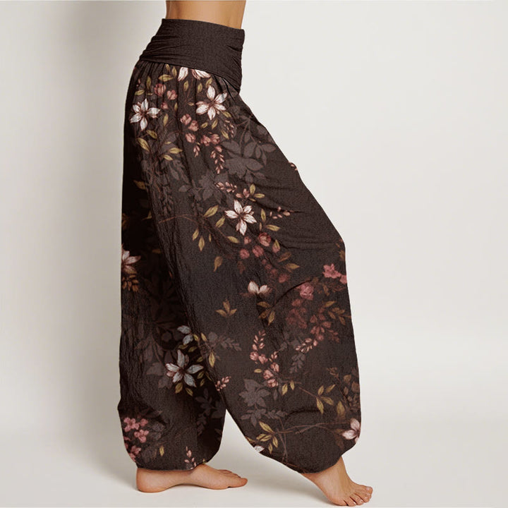 Pantaloni harem da donna con elastico in vita, in cotone, con piccoli fiori bianchi e foglie verdi, motivo Buddha Stones - image 9