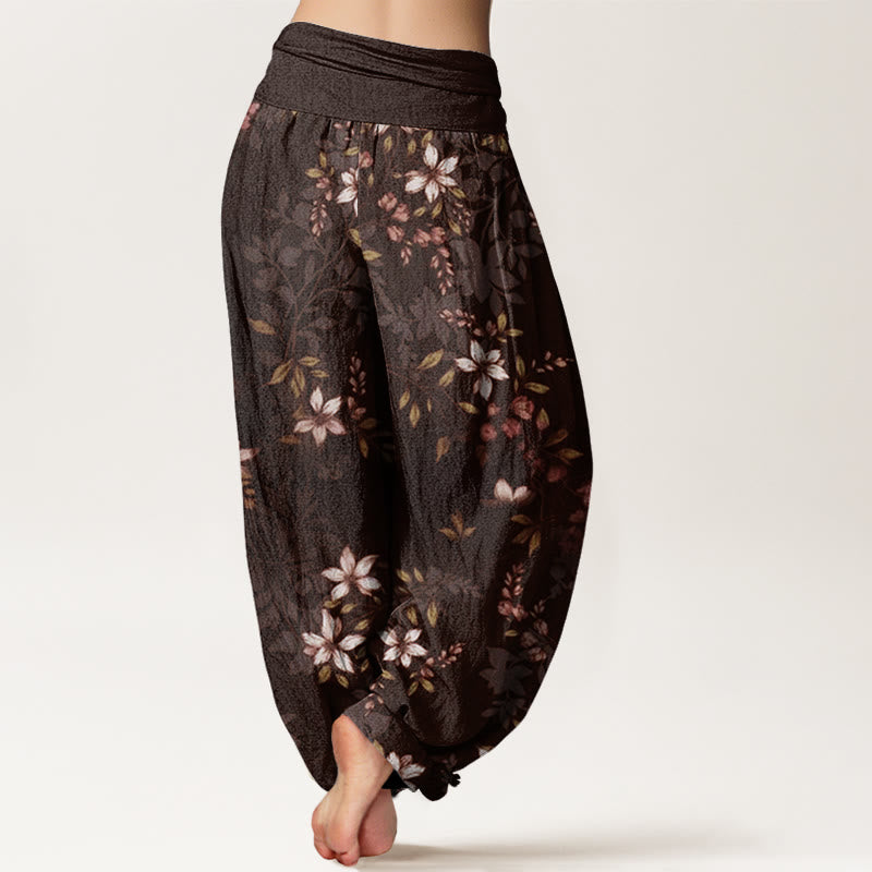 Pantaloni harem da donna con elastico in vita, in cotone, con piccoli fiori bianchi e foglie verdi, motivo Buddha Stones - image 8