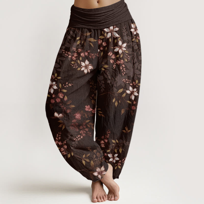 Pantaloni harem elastici in vita da donna Buddha Stones, piccoli fiori bianchi e foglie verdi - Marrone sella - US22, UK/AU26, EU54 (6XL) - image 8