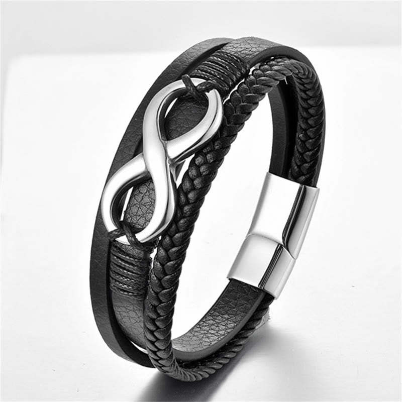 Bracciale con fibbia in pelle calma in acciaio al titanio con simbolo dell'infinito e nodo infinito eterno Buddha Stones