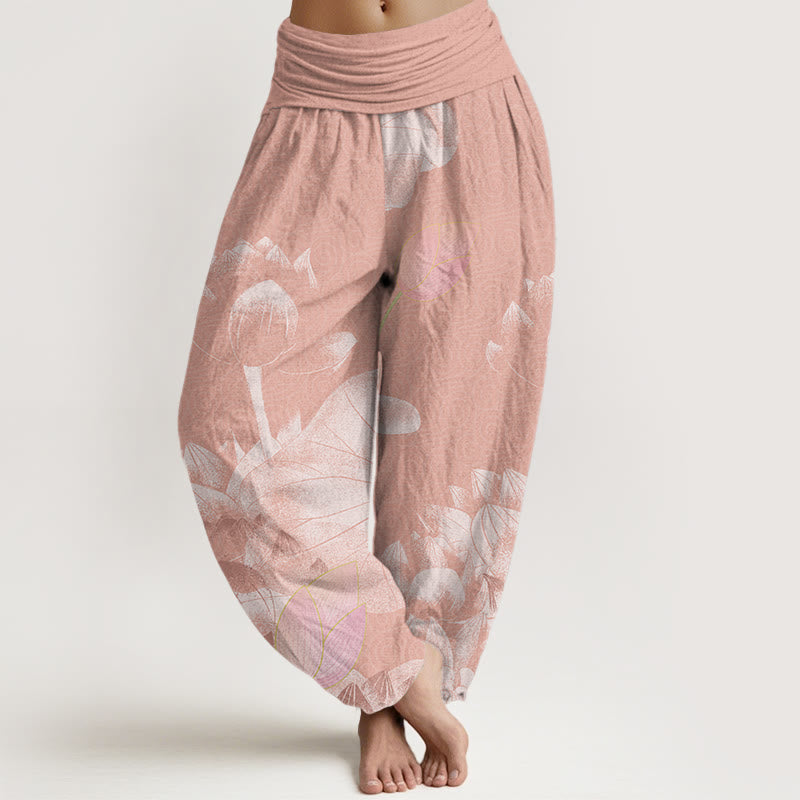 Pantaloni harem elastici in vita da donna con loto bianco e rosa Buddha Stones - Salmone Scuro - US22, UK/AU26, EU54 (6XL) - image 1