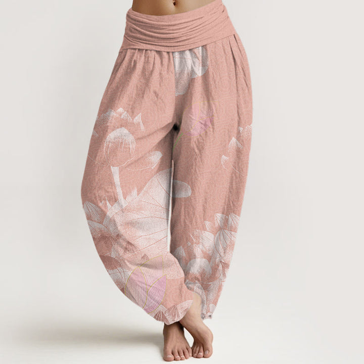 Pantaloni harem elastici in vita da donna con loto bianco e rosa Buddha Stones - Salmone Scuro - US22, UK/AU26, EU54 (6XL) - image 1