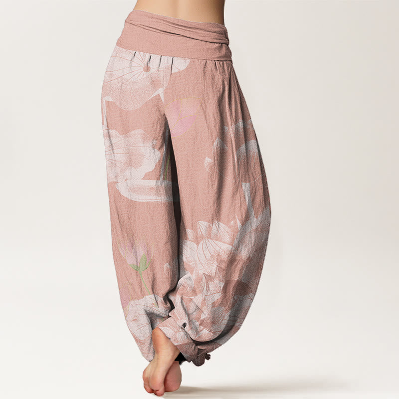 Pantaloni harem elastici in vita da donna con loto bianco e rosa Buddha Stones - image 2